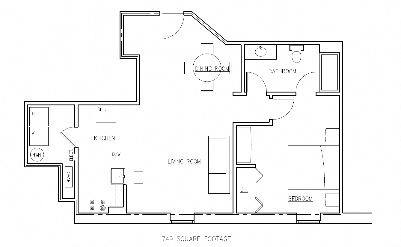 Floor plan for 1 bed, 1 bath, 749 sqft